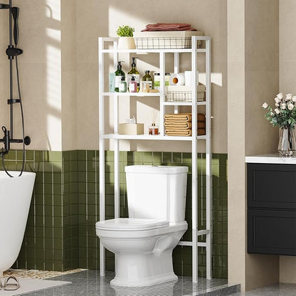 Over The Toilet Storage Rack, 3-Tier Bathroom Organizer Over Toilet, Wooden Above Toilet Storage Shelf, Space Saver, Freestanding BathroomStorage Metal Shelf, Easy to Assemble, White
