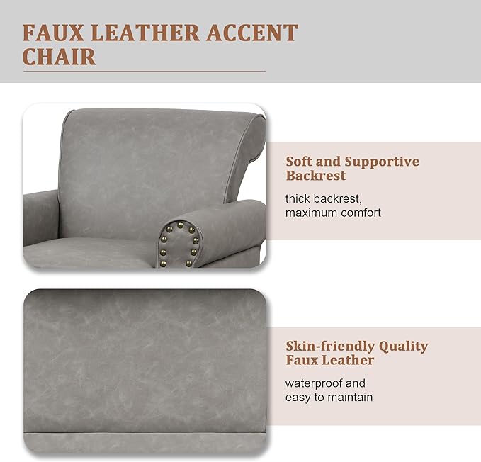 Accent Chair, Mid Century Modern Faux Leather Arm Chair with Wood Leg for Living Room, Bedroom, Comfy PU Leather Club Reading Chairs with Wingback & Nailhead Trim (Leather Grey, Set of 2)