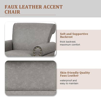 Accent Chair, Mid Century Modern Faux Leather Arm Chair with Wood Leg for Living Room, Bedroom, Comfy PU Leather Club Reading Chairs with Wingback & Nailhead Trim (Leather Grey, Set of 2)