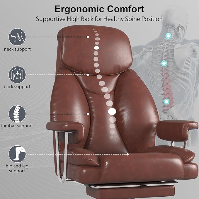 Big and Tall Office Chair, Executive Home Office Desk Chair, Comfy Leather High-Back Reclining Computer Chair with Retractable Footrest and Padded Arms, 360°Swivel Rolling Wheels, Wide Seat, Brown