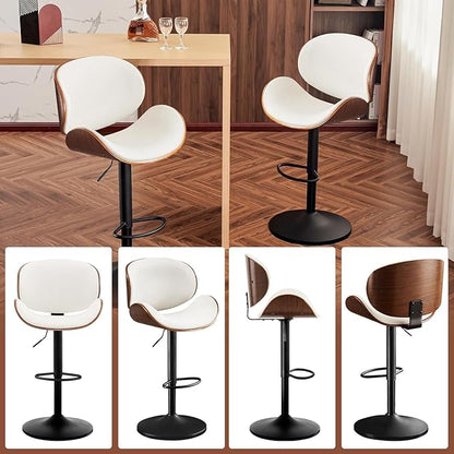Furniliving Bar Stools Set of 4, Adjustable Height Swivel Bentwood Barstools, Upholstered Bar Chairs with Footrest, Ergonomic Modern Bar Stools for Dining Room, Kitchen, Bar, White, PU
