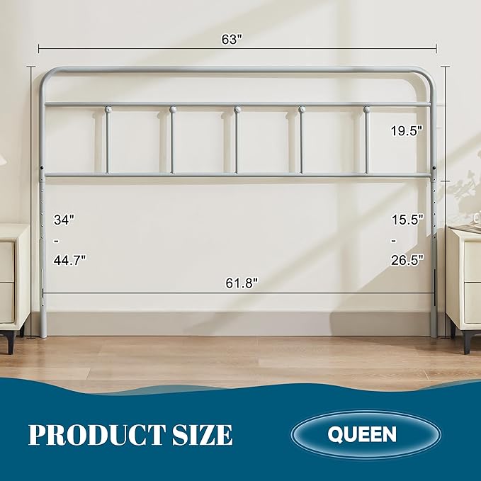 Metal Headboard Queen Size, Sturdy and Durable Iron Queen Headboard Only Adjustable Height from 34” to 44”, Victorian Vintage Bed Headboards, Farmhouse Head Board, Bed Frame Mount Grey