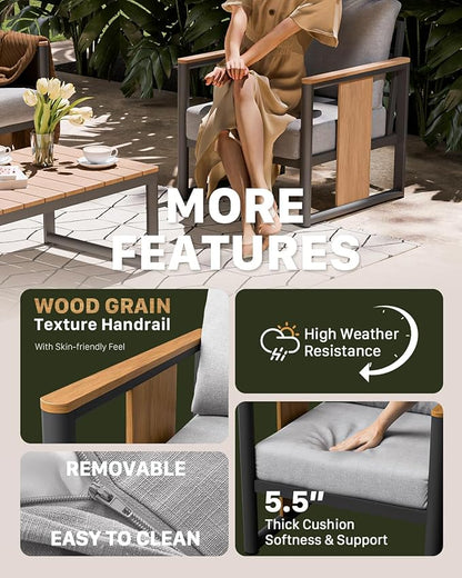 ZANDOR Aluminum Outdoor Patio Furniture Set,4-Piece Sectional Sofa with Coffee Table,Washable Thick Cushions,Modern Patio Conversation Set for Backyard,Garden,Porch,Balcony,Deck,Gray