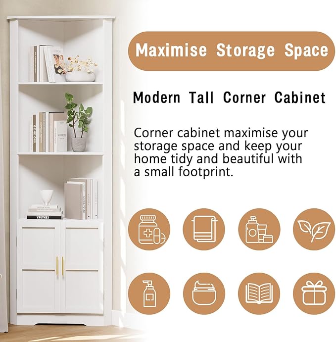 67'' Tall Corner Cabinet with 2 Doors and Storage Shelves,Modern Storage Cabinet with Barn Door Design, Home Space Saver for Living Room, Kitchen, Bathroom, Laundry Room, White