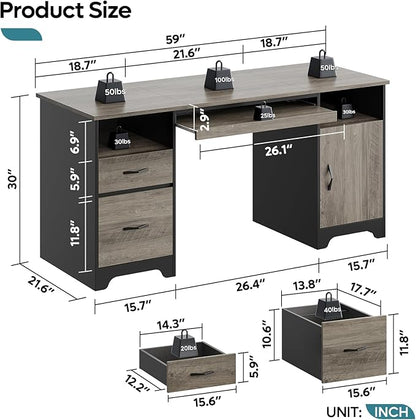 Bestier 59” Executive Desk with 2 Drawers, Computer Desk with Storage Cabinet, Industrial Wood Desk with File Drawer, Keyboard Tray & 2 Pedestals for Home Office & Studio, Gray