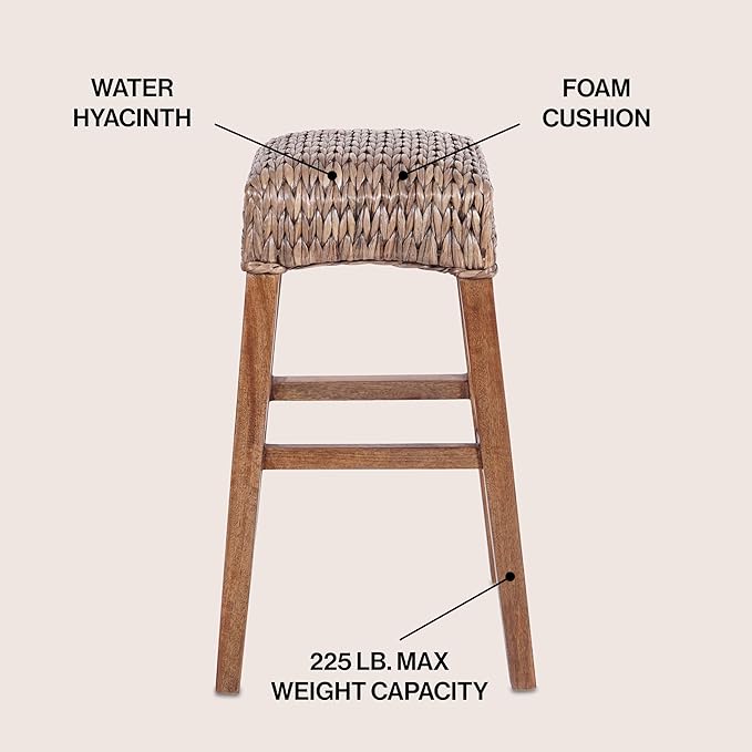 JONATHAN Y BSL1101A Maui 29.5" Rustic Bohemian Hyacinth/Wood Backless Bar Stool for Home, Kitchen, Dining Room, Workspaces, Cafes and Resturants, Brown Wash Woven Seat with Natural Wood Frame