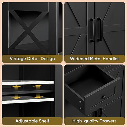 SUPER DEAL Farmhouse Storage Cabinet, Bathroom Floor Cabinet Kitchen Pantry with Doors and Drawers, Hutch Cupboard for Living Room, Bedroom, Laundry, Black