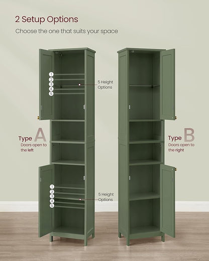 VASAGLE Tall Storage Cabinet with Lights, Slim Freestanding Cabinet with Adjustable Shelves, for Small Spaces, Bathroom, Living Room, Modern, 15.7 Inches Wide, Forest Green UBBC766C01