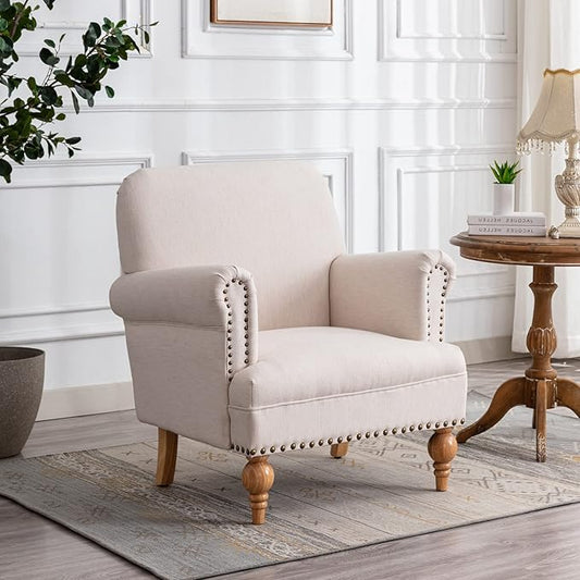 Linen Accent Chair Mid-Century Modern Living Room Armchair with Nailhead Trim & Wood Legs Comfy Upholstered Single Sofa Chair for Lounge/Bedroom/Reception, Cream
