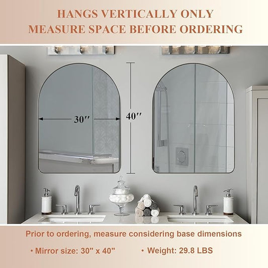ANDY STAR 30 x 40 Inch Arched Mirror, Brushed Nickle Bathroom Mirror in Stainless Steel Metal Frame, Arch Top Rounded Corner 1 Inch Deep Set Design Wall Mount Hangs Vertical