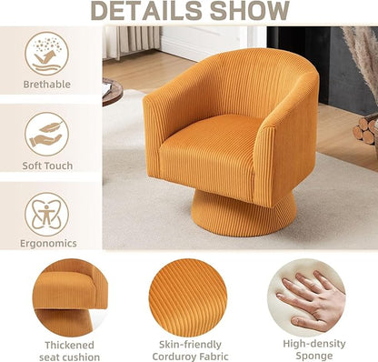 Swivel Accent Chair, Modern 360° Swivel Barrel Chair, Corduroy Upholstered Single Sofa for Living Room, Bedroom(Mustard)