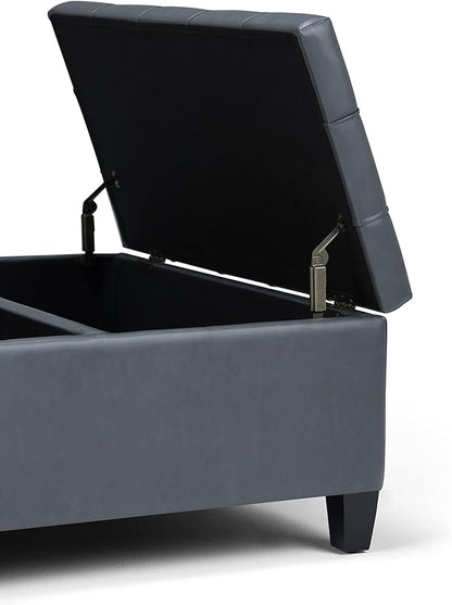 SIMPLIHOME Harrison 36 inch Wide Transitional Square Coffee Table Storage Ottoman in Stone Grey Vegan Faux Leather, Assembled, for the Living Room and Bedroom