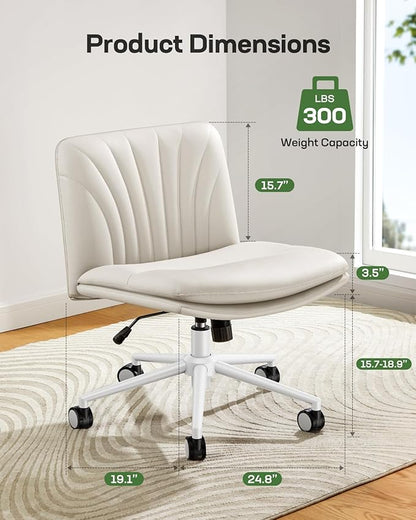 Marsail Armless-Office Desk Chair with Wheels: PU Leather Cross Legged Wide Chair,Comfortable Adjustable Swivel Computer Task Chairs for Home,Office,Make Up,Small Space,Bed Room(Balanced Beige)