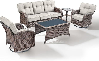 5-Piece Rotating Balcony Chair Set with 31-inch T-Shaped Wide backrest - Rattan Outdoor Rotating Balcony Chairs, Wide backrest Comfortable Outdoor Sliding Chair - Brown | Beige