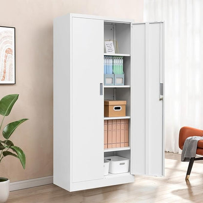 BESFUR Metal Storage Cabinet with 5 Adjustable Shelves and 2 Lockable Doors, 71" White Garage Metal Cabinet, Locking Cabinet for Office, School, Garage
