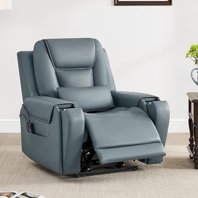CHITA Electric Power Lift Recliner Chair for Elderly with Massage and Heat, Large Lay Flat Genuine Leather Recliner Chair with Cup Holders, USB Ports, Power Headrest, Independent Backrest, Navy