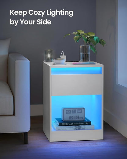 VASAGLE LED Nightstand with Charging Station, Adjustable Light Colors, 2 AC Outlets, 2 USB Ports, Bedside Table, Side Table with Drawer, Modern, 13.8 x 15.7 x 21.7 Inches, Cloud White ULET618T14V1