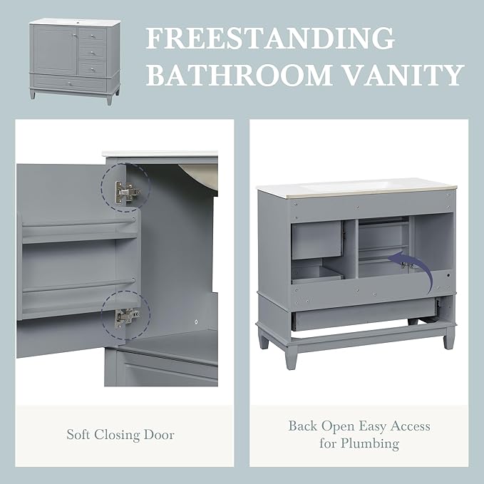 36 Inch Bathroom Vanity with Sink Set, Undermount Vanity Sink Cabinet with 3 Drawers and Door Storage, Soft Closing Door, Wood Frame, Gray