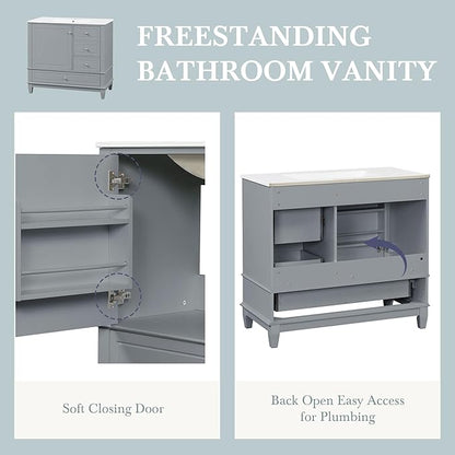 36 Inch Bathroom Vanity with Sink Set, Undermount Vanity Sink Cabinet with 3 Drawers and Door Storage, Soft Closing Door, Wood Frame, Gray