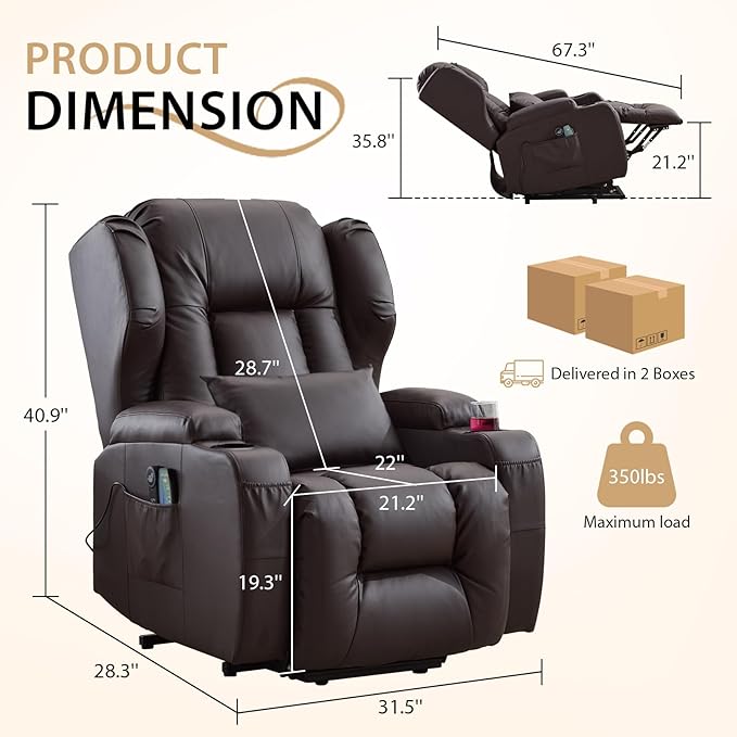 Power Lift Chair Recliner with Heat and Massage,Single Sofa Chair Recliner for Elderly,Electric Recliners Comfortable Lift Chairs for Living Room with Remote/Storage/Cup Holders/USB Port (Brown)