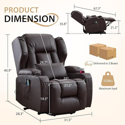 Power Lift Chair Recliner with Heat and Massage,Single Sofa Chair Recliner for Elderly,Electric Recliners Comfortable Lift Chairs for Living Room with Remote/Storage/Cup Holders/USB Port (Brown)