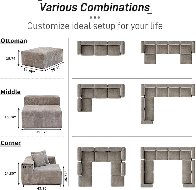 WJShome Modular Sectional Sofa Couch,181.1inch Oversized 4 Seater Couch, Upholstered with Corduroy Fabric Couches with 6 Pillows,Cushion Covers Removable& Washable