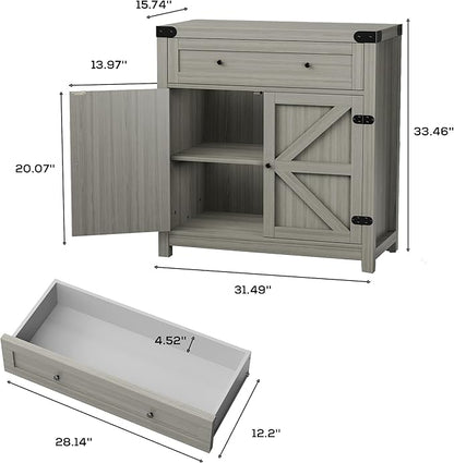 JUMMICO Coffee Bar Cabinet Farmhouse Kitchen Sideboard Buffet Cabinet with Drawer and Adjustable Shelf Barn Door Storage Cabinet for Kitchen, Dining Room, Bathroom, Entryway (Ash Grey)