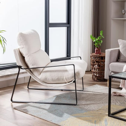 HEAH-YO Modern Accent Chair Set of 1, Upholstered Sherpa Living Room Chair with Backrest and Metal Frame, Comfy Reading Chair for Bedroom, White