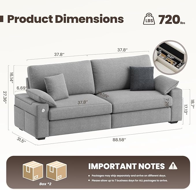 89" Loveseat Sofa, Cloud Foam Couch, 3 Seater Upholstered Midcentury Mondern Love Seat with USB Type C Ports, 4 Pillows and Flip-Open Storage Armrest for Living Room/Small Spaces, Gray
