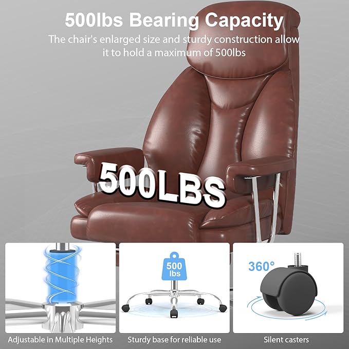 Big and Tall Office Chair, Executive Home Office Desk Chair, Comfy Leather High-Back Reclining Computer Chair with Retractable Footrest and Padded Arms, 360°Swivel Rolling Wheels, Wide Seat, Brown