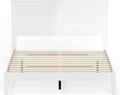Serene Farmhouse Style Wood Bed in Queen Size with Chevron Scoring Headboard, Coastal Modern Design, Sturdy, Easy Assembly, Ample Underbed Storage, White Finish