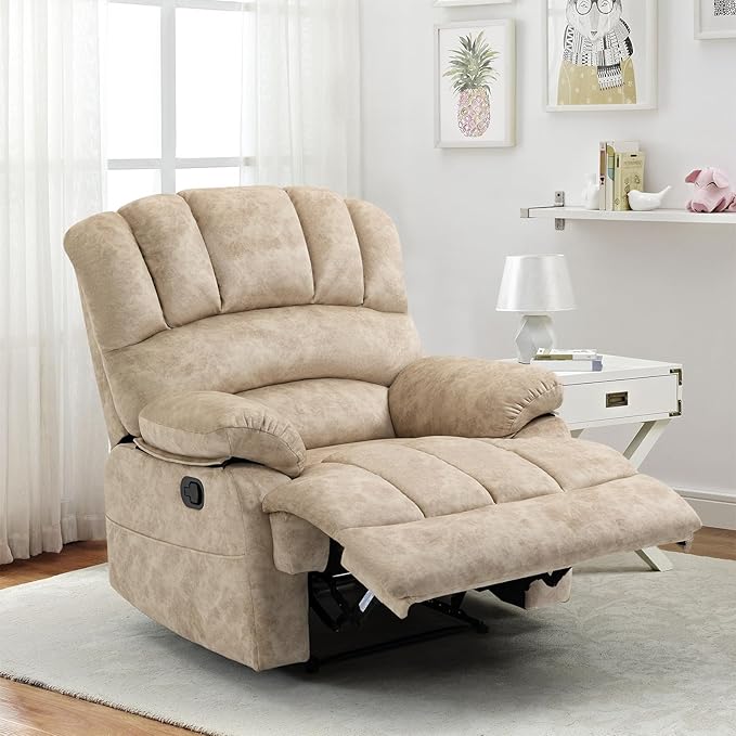 Manual Recliner Chair for Living Room, Single Sofa Recliners for Adults 350LBS, Heavy Duty Reclining Max 155 Degrees, Fabric Beige