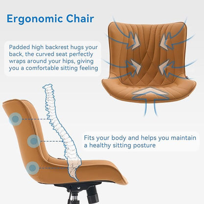 YOUNIKE Office Chair, Armless Desk Chair with Wheels, Adjustable Swivel Home Office Computer Task Chairs, Modern Faux Leather Upholstered Vanity Chair with Back, Saffron Tan