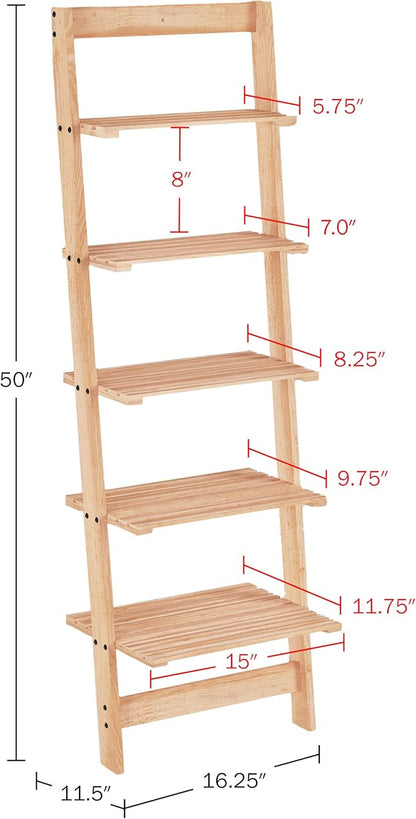 5-Tier Ladder Shelf - 50-Inch Narrow Leaning Bookshelf - Wooden Bookcase for Living Room, Bathroom, Kitchen, Office, or Bedroom Furniture by Lavish Home (Oak)