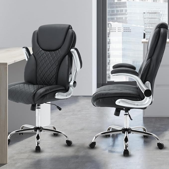 Executive Office Chair, High Back Faux Leather Ergonomic Office Desk Chairs with Wheels, 90-120° Rocking Managerial Swivel Home Computer Chairs with Flip up Arms Lumbar Support(Black)