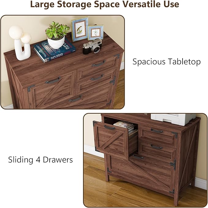 Lateral File Cabinet with 4 Drawers, Farmhouse File Cabinet for Letter/Legal/A4 Size Hanging Files, Large Wood File Storage Cabinets Printer Stand for Home Office Cabinets, Rustic Brown