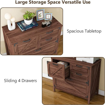 Lateral File Cabinet with 4 Drawers, Farmhouse File Cabinet for Letter/Legal/A4 Size Hanging Files, Large Wood File Storage Cabinets Printer Stand for Home Office Cabinets, Rustic Brown