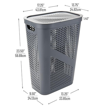 Mind Reader 60L Slim Laundry Hamper, Clothes Basket, Lid, Ventilated, Plastic, Set of 2, Gray