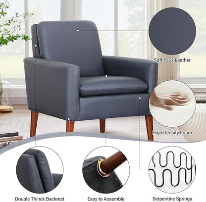 Lohoms Faux Leather Accent Chair for Living Room, Mid-Century Modern Comfy Reading Leisure Chairs for Bedroom, Upholstered Armchair for Apartment/Office/Waiting Room, Wood Legs, Dark Blue