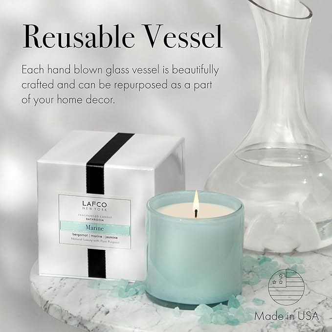 LAFCO New York Signature Candle, Marine - 15.5 oz - 90-Hour Burn Time - Reusable, Hand Blown Glass Vessel - Made in The USA