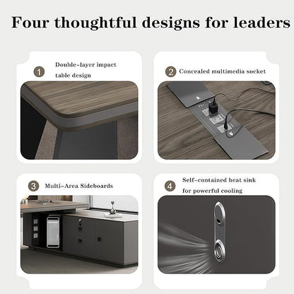 L Shaped Executive Desk, 78.7 inch Large Executive Computer Desk Set Drawers and Lockable, Power Socket and USB Port Storage, Without Display Racks and Bookshelves