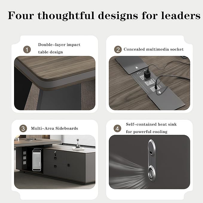 L Shaped Executive Desk, 110.2 inch Large Executive Computer Desk Set Drawers and Lockable, Power Socket and USB Port Storage, Without Display Racks and Bookshelves