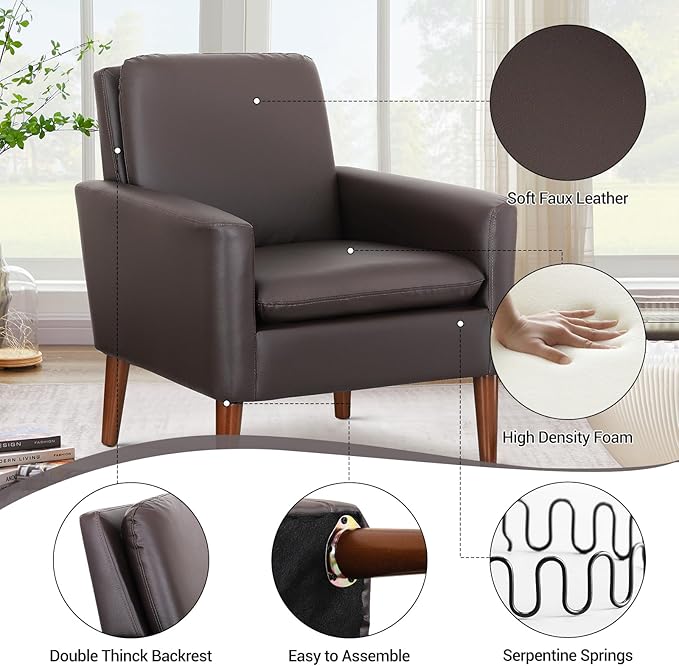 Lohoms Faux Leather Accent Chair, Upholstered Living Room Armchair, Comfortable Reading Leisure Chairs for Bedroom, Guest Room, Waiting Room Furniture Seat- Brown