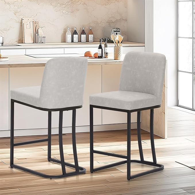 Sophia & William Counter Stool Set of 2, 24" Bar Stools with Back, Faux Leather Upholstered, 330lbs, Light Grey