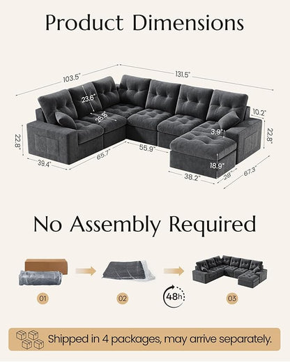 High Back Boneless Couch, Oversized Cloud Couch with Versatile 2-Pack Pillow Blankets, Corduroy Modular Sectional Sofa with Ottoman, No Assemble Sectional Couches for Living Room, Dark Grey