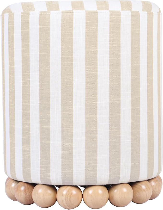 First of a Kind Ottoman Foot Rest - Beige Round Ottoman Stool with Solid Wood Spherical Orbs - 15.7" W x 15.7" D x 18.3" H - Handmade, Easy Clean, 330 lbs Weight Capacity