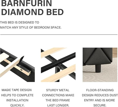 BarnFurin King Size Bed Frame and Headboard, Faux Leather Upholstered Bed with Diamond Tufted Design, Modern Platform Bed Frame with Wooden Slats Support, No Box Spring Required, Easy Assembly, Black