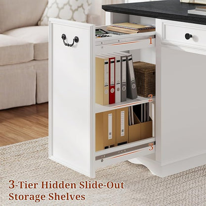 60'' Farmhouse Executive Desk with Drawers, Home Office Desk with Power Outlet & Keyboard Tray, Wood Computer Desk with File Drawer & Slide-Out Storage Shelves, Writing Desk for Work, White