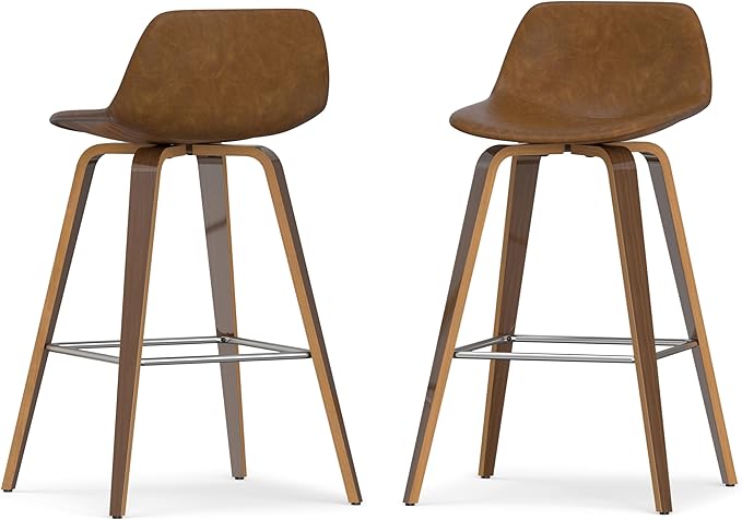 SIMPLIHOME Randolph Counter Stools (Set of 2) - 28 Inch Seat Height Upholstered Bentwood Kitchen Seats in Deep Tan Vegan Faux Leather, Mid Century Modern Seating with Curved Backrest and Footrest