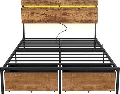 Forestell Queen Bed Frame with Wood Headboard, Metal Platform Bed with 2 Storage Drawers & Shelf, Built-in Charging Station & LED Lights, No Box Spring Needed, Vintage Brown, Cama Queen Size